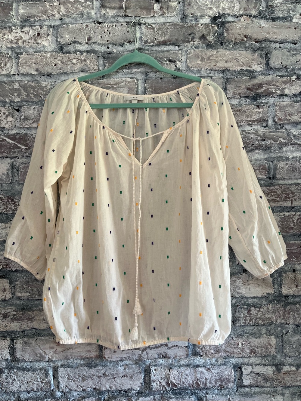 J. Crew Cream Peasant Top with tassels &Green,Navy & Yellow Embroidered Accents - Picture 4 of 9